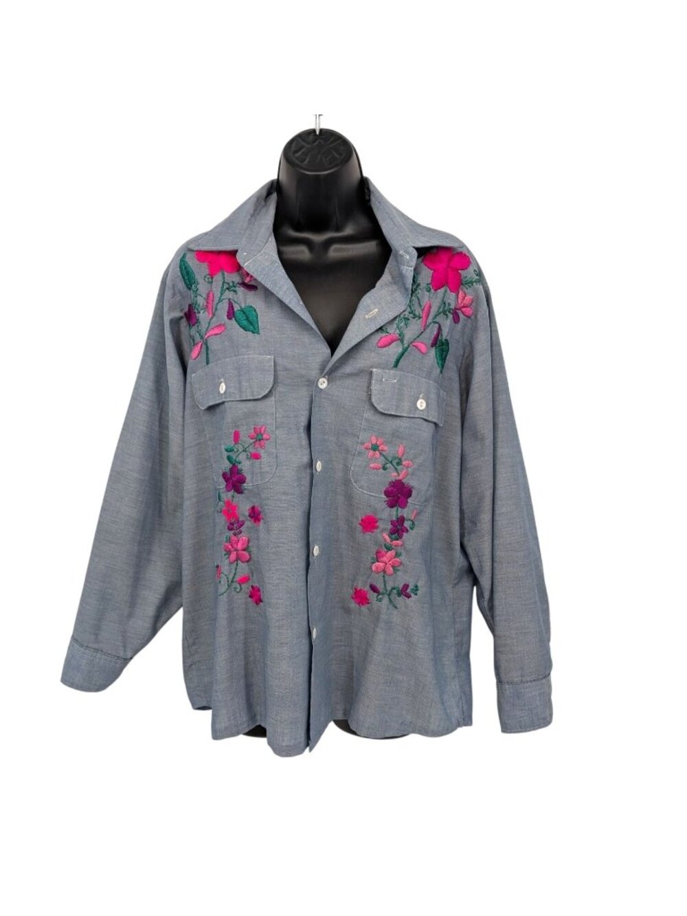 Vintage 70s Floral Embroider Button Up Shirt Big Mac JCPenny Long Sleeve Medium
